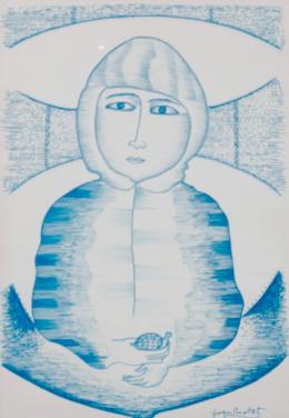"Mujer con tortuga en azul turquesa". Dibujo. 36 x
