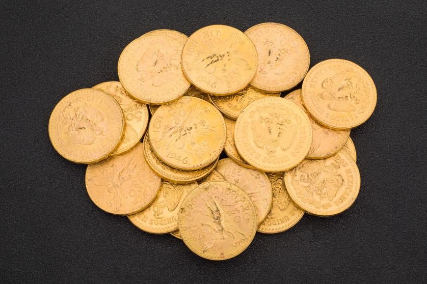 22 fifty mexican pesos gold coins, 904 gr