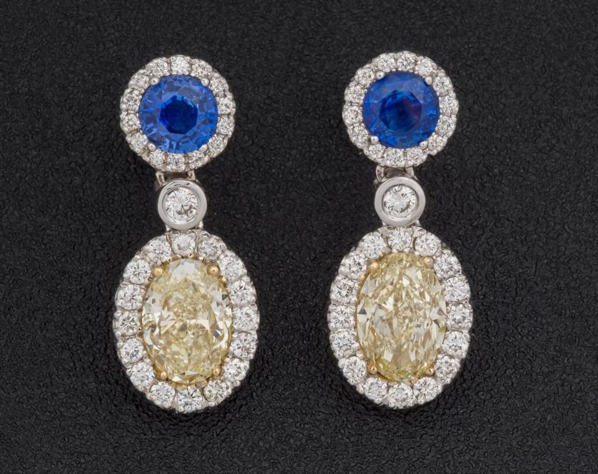 Blue sapphire and fancy diamond earrings