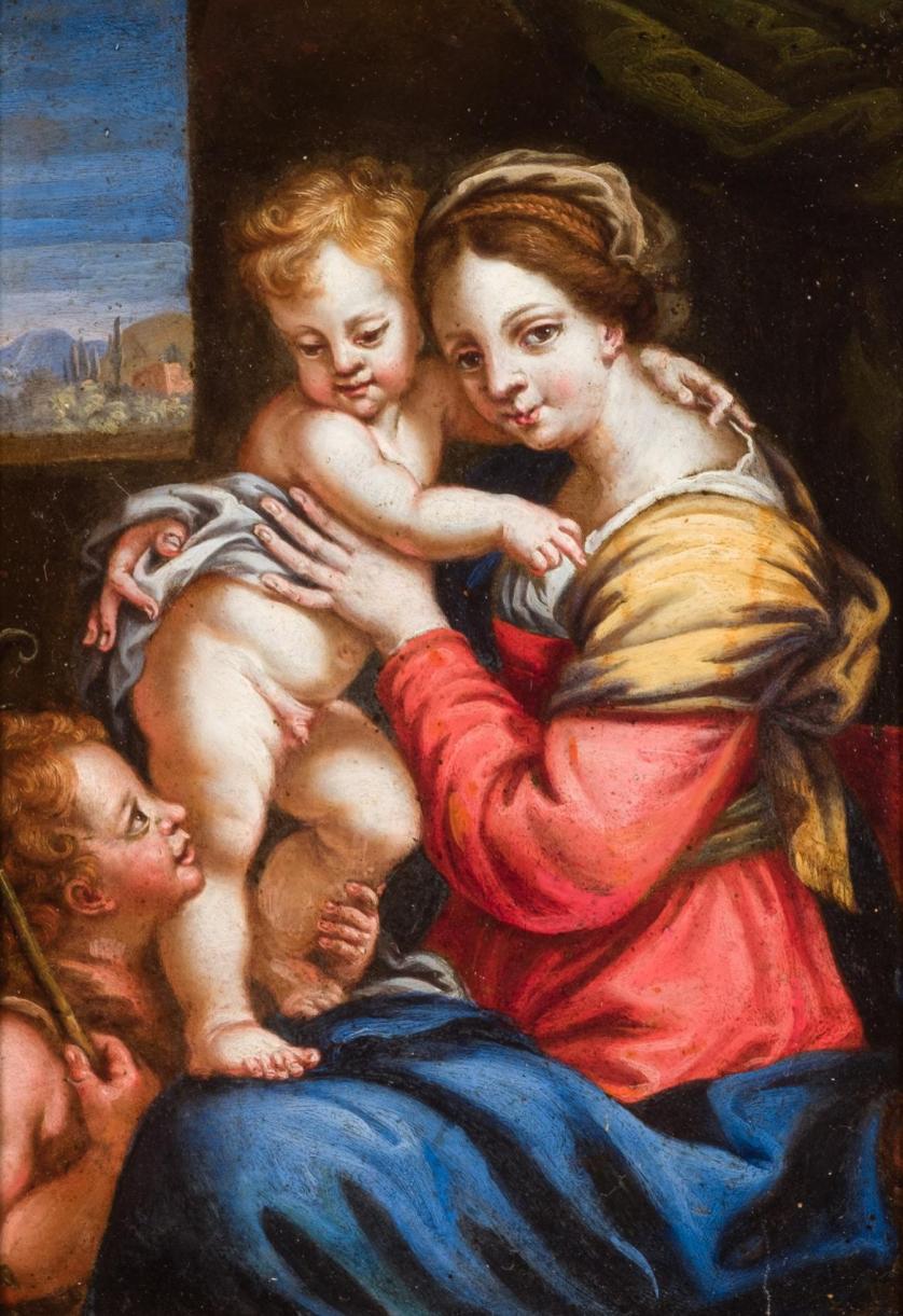 Escuela Italiana S. XVII. Virgen, Niño y S. Juan