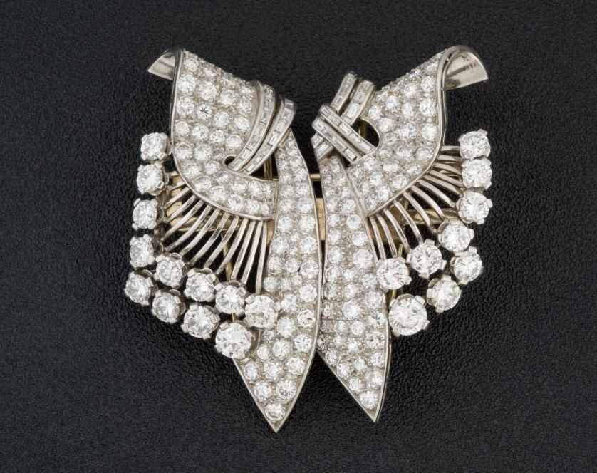 Platinum and diamond double clip brooch