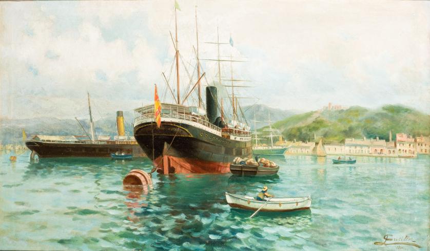 Escuela Española S. XX. Barcos en el puerto