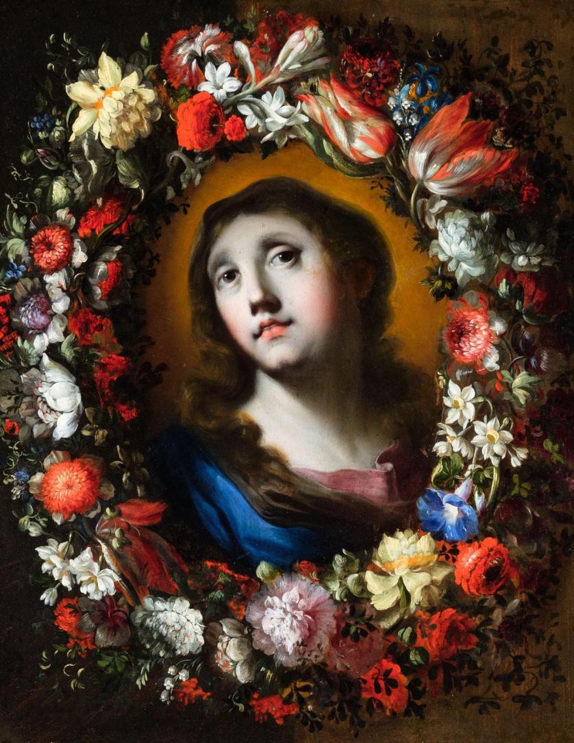 Escuela Italiana S. XVII. Virgen con orla flores