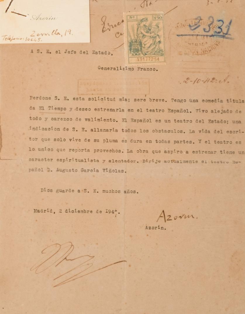 Carta de Azorín dirigida a Franciso Franco