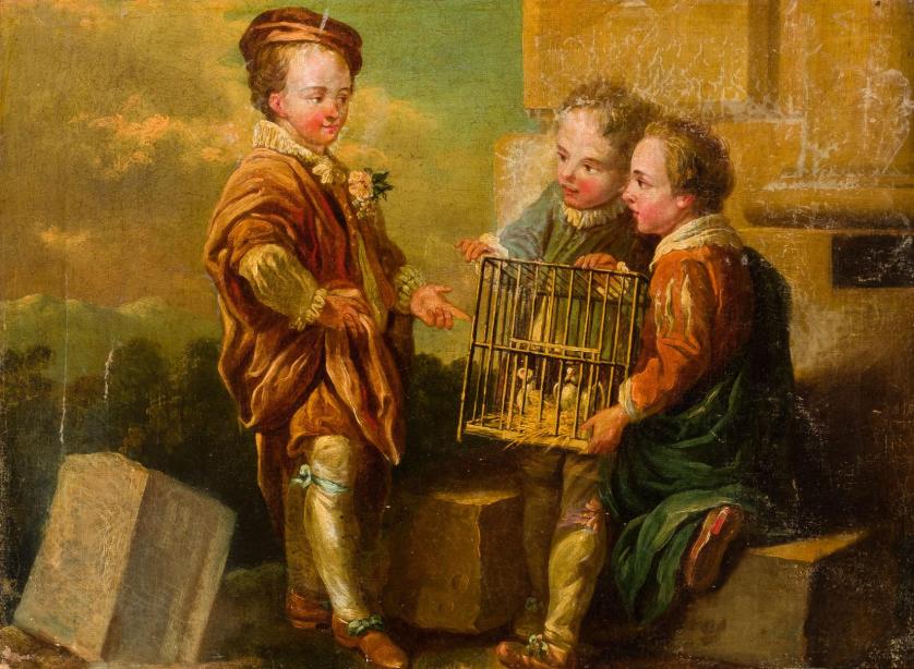 Escuela Europea S. XIX. Niños con jaula de aves