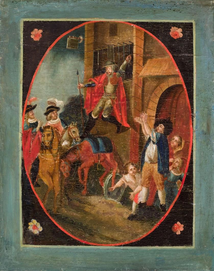 Colonial School 18th C. Two Quixote scenes