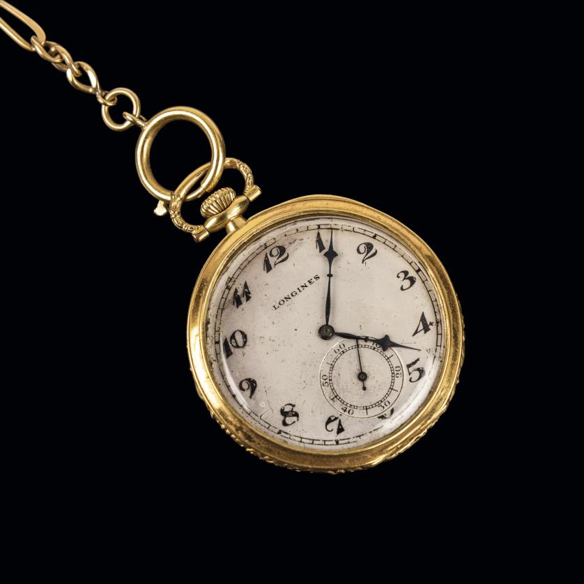 Reloj de bolsillo Longines de oro con leontina