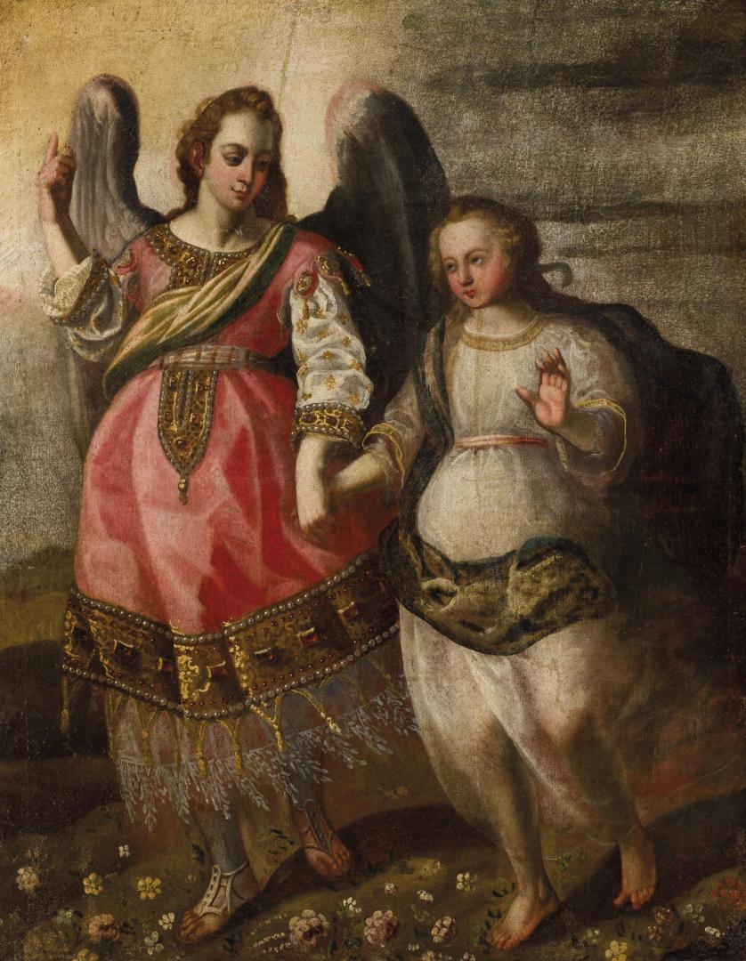 Escuela Española S. XVII. Virgen con arcángel