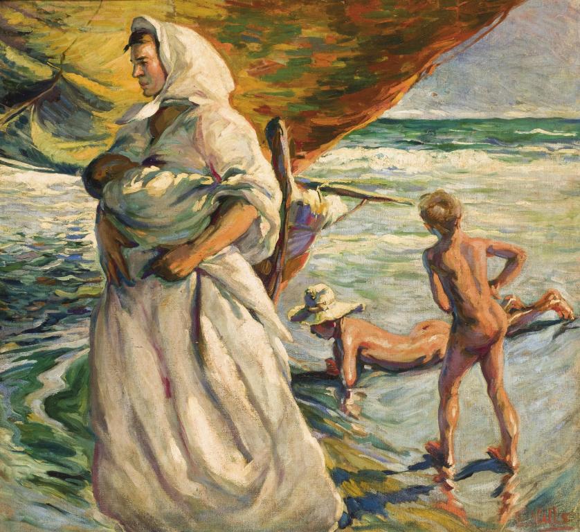Ernesto Valls Sanmartí. Niños y madre en la playa