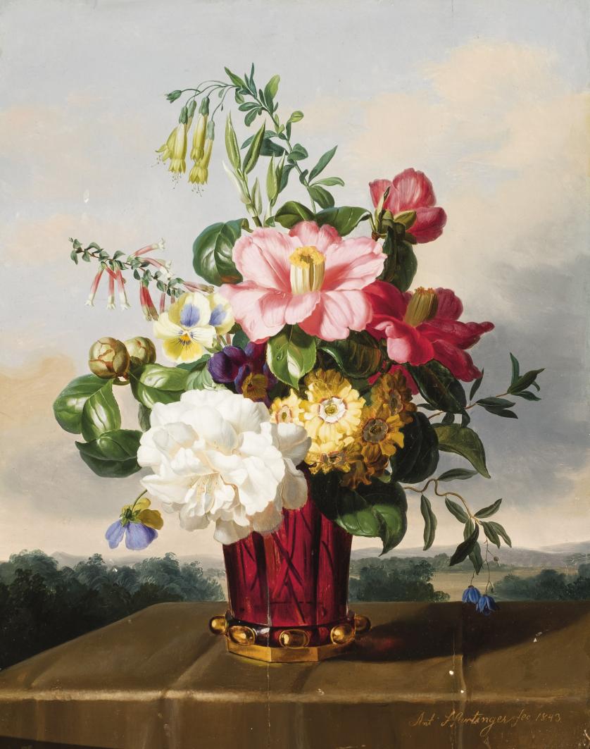 Anton Hartinger. Jarrón con flores y paisaje