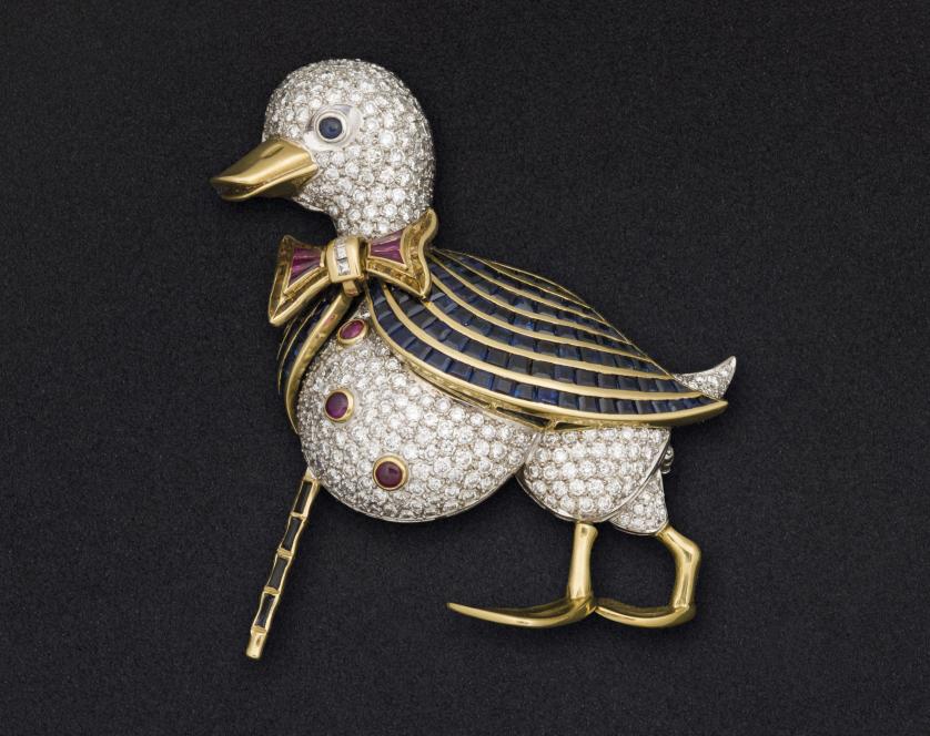 Great duck brooch with diamonds, sapphire