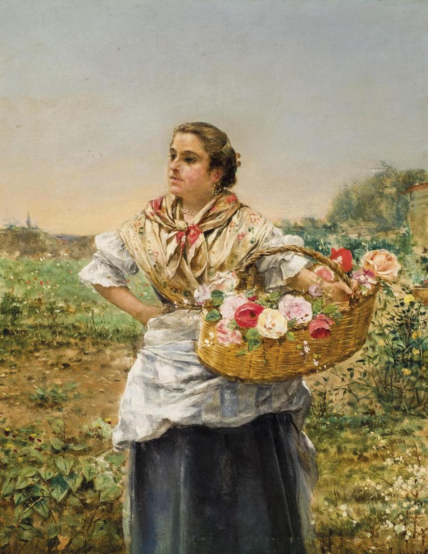 Joaquín Agrasot. Valenciana recogiendo rosas