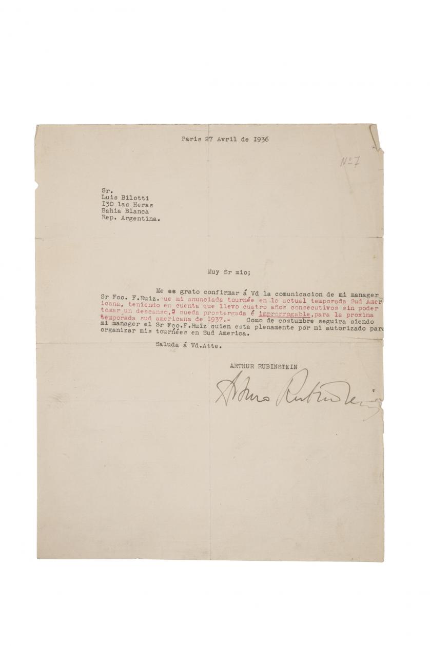 Arthur Rubinstein. Carta con firma autógrafa