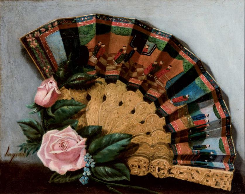 Old Spanish School. fan with roses