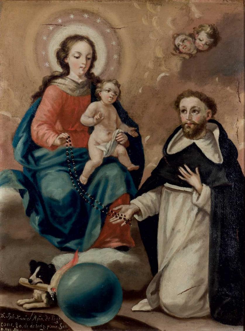 Escuela española antigua. Virgen con Niño y Santo