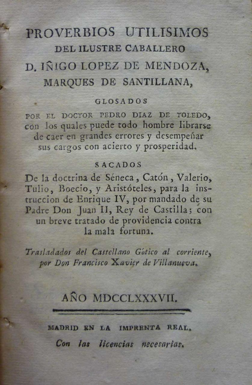 Proverbios utilisimos de D Iñigo López de Mendoza