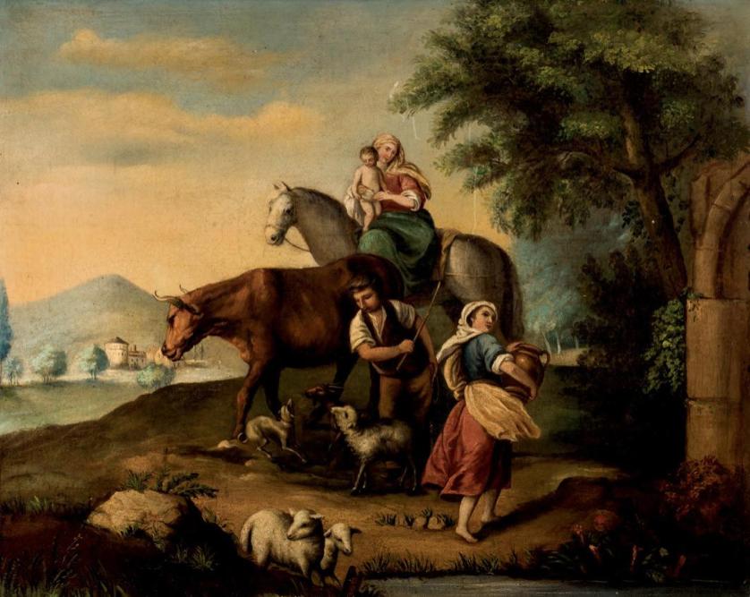 Escuela italiana S. XIX. Campesinos con burro