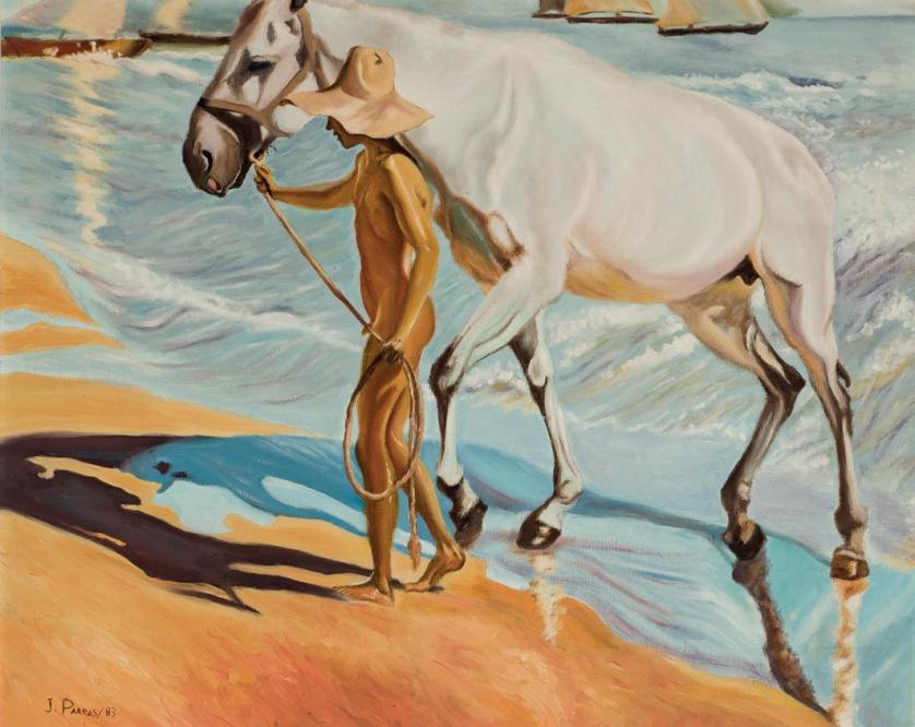 Juan Parras. Boy and horse on the sea shore