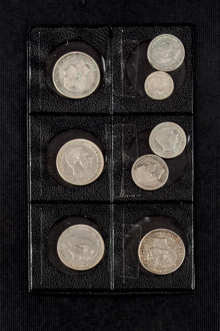 Ocho monedas de plata. Alfonso XII. Filipinas