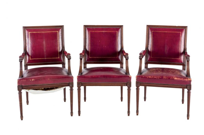 Two chairs and one armchair. Louis XVI style