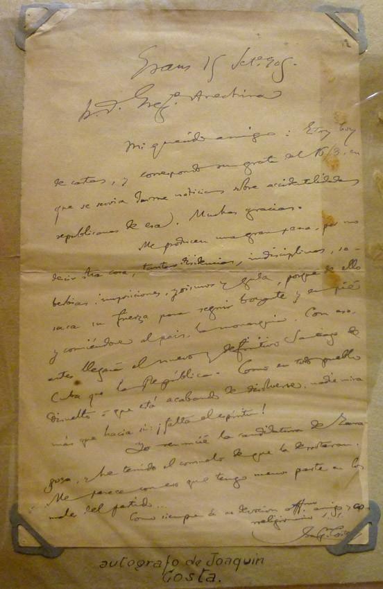 Carta autógrafa de Joaquín Costa