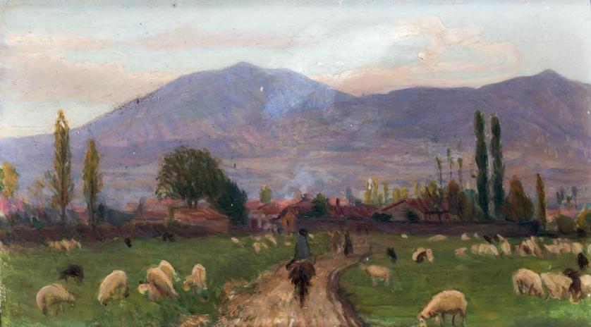 Escuela Española Antigua. Camino con ovejas