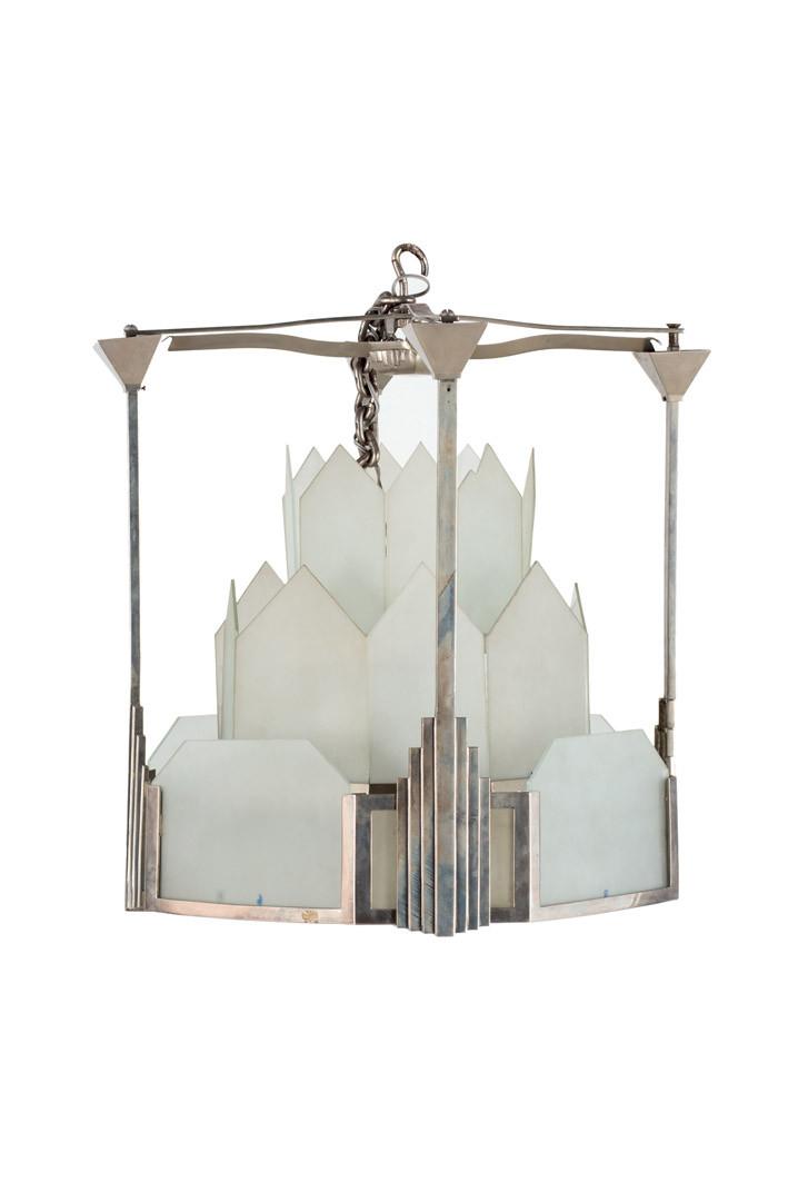 Lámpara Art Decó de techo. Acero y cristal