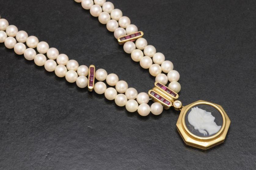 Pearl, ruby, cameo and diamond necklace