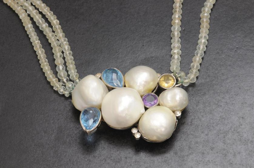 Pearl and various color stones necklace