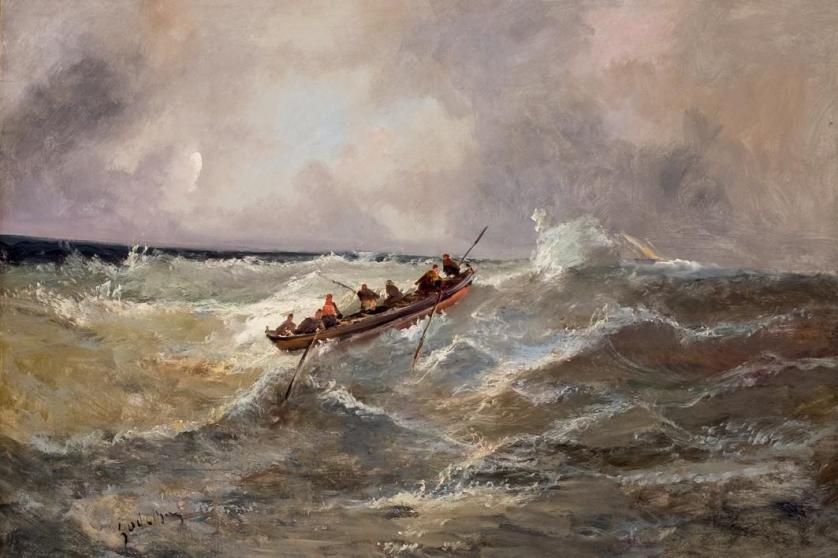 19th C. European School. Boat on the storm