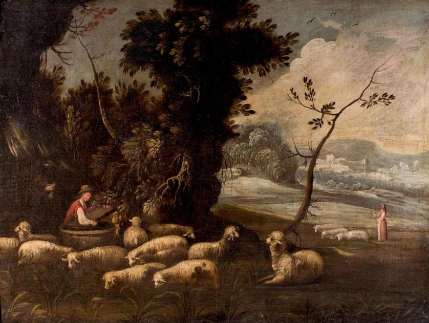 17th C. Spanish School. Landscape with sheep