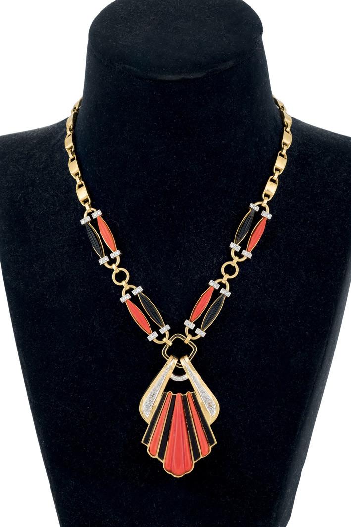 Onyx, coral and diamond necklace