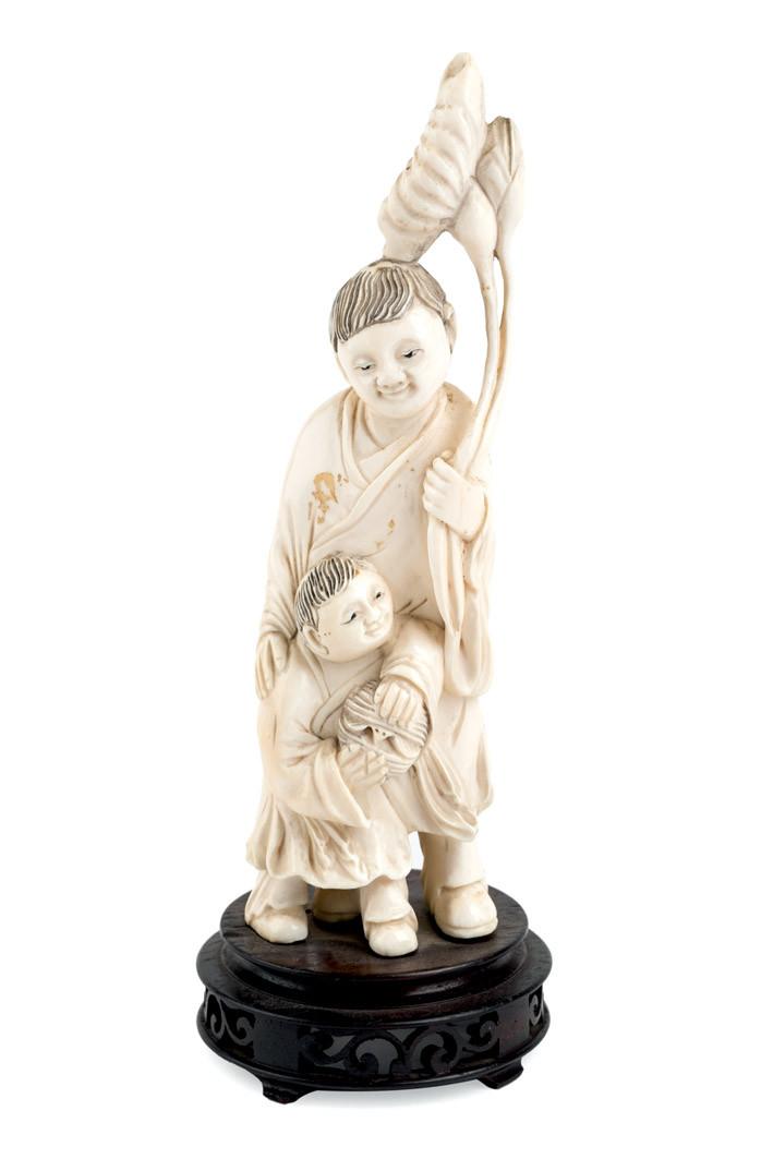 Father and son picking flowers ivory carving