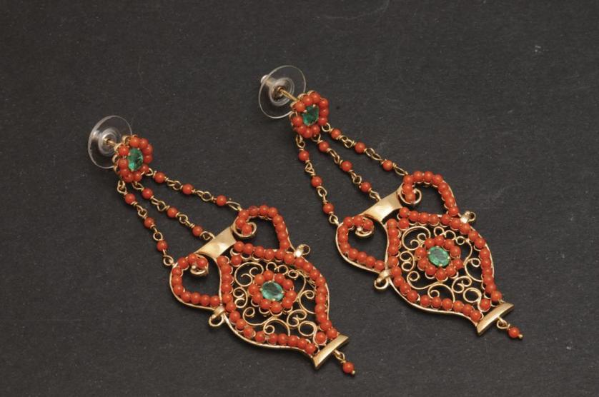 Coral and emerald earrings