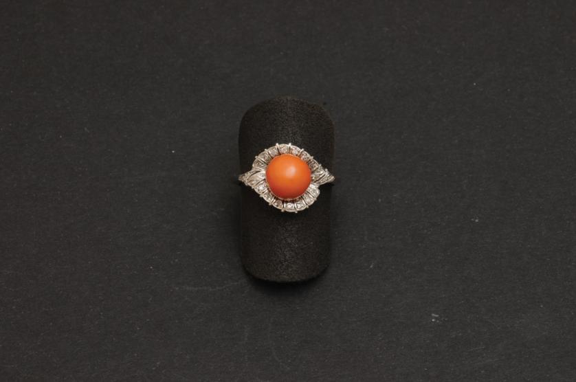 Coral ring with diamond ring