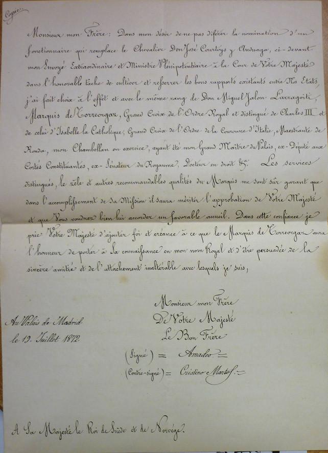 Copia de época. Carta del Rey Amadeo I