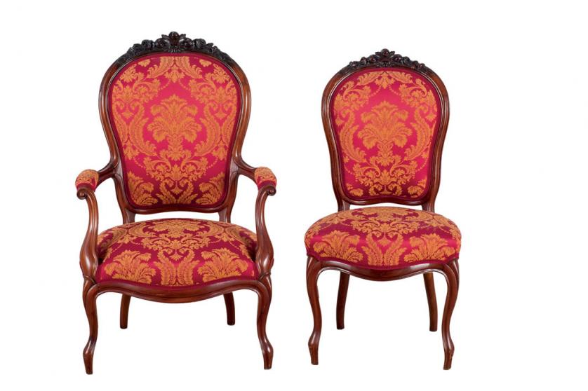 Two chairs and six Elizabethan style chairs