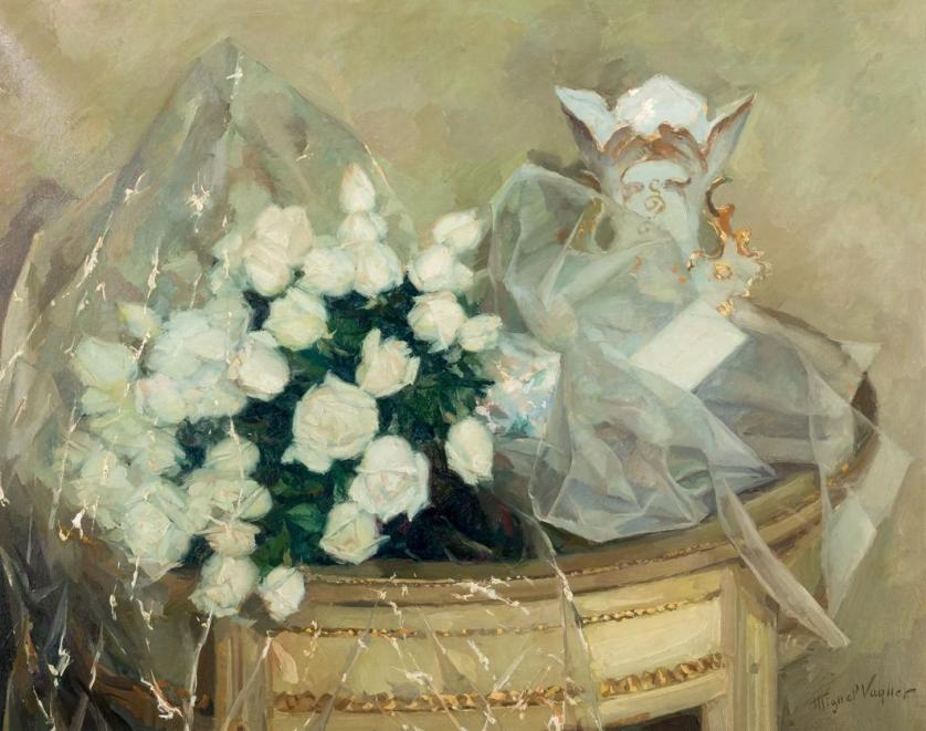 Miguel Vaquer. Bodegón de rosas blancas