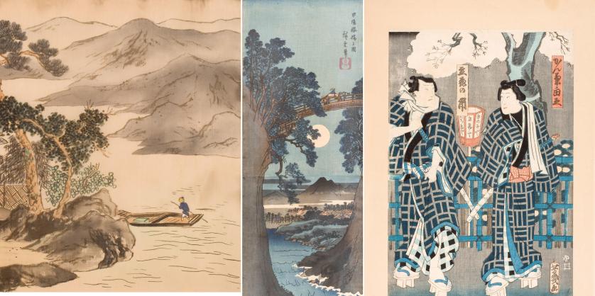 Escuela japonesa S. XIX. Tres escenas japonesas