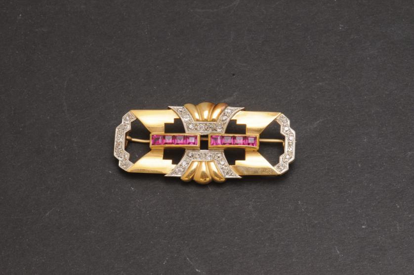 Diamond and synthetic ruby brooch