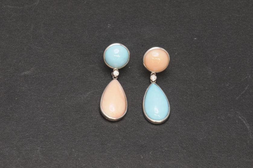 Coral, turquoise and diamond earrings