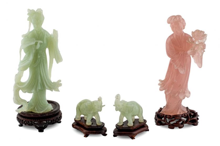 Four phrenite and pink quartz figures