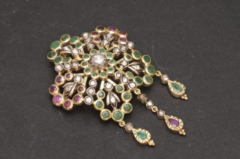 Emerald, ruby and diamond gold and silver brooch