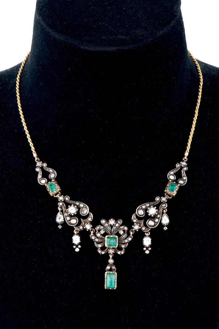 Gold and silver necklace with emeralds, diamonds