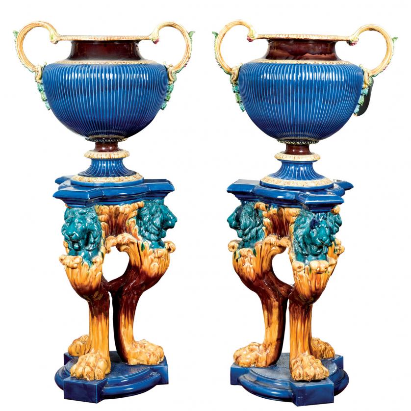 A pair of French Sarreguemines vases. 19th c.