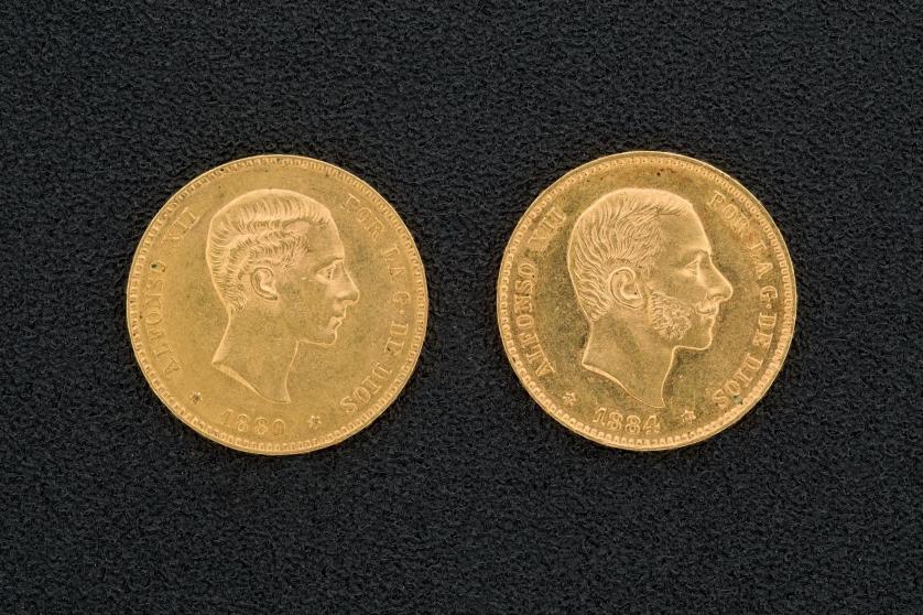 Ocho monedas de 25 pesetas oro Alfonso XII