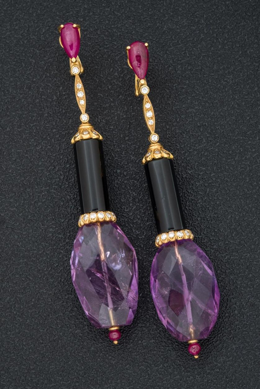 Amethyst, ruby, diamonds, and other earrings
