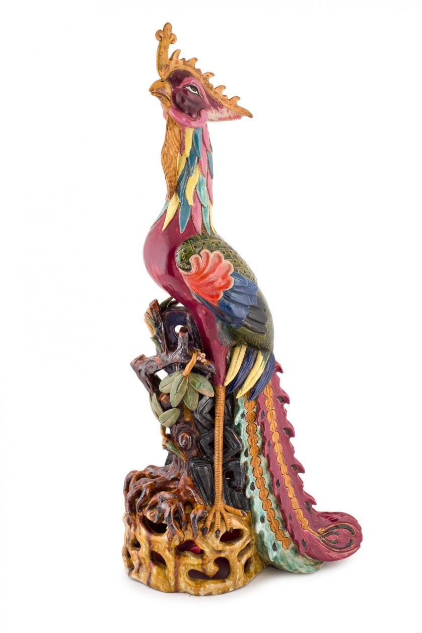An Oriental enameled ceramic peacock. 20th C.